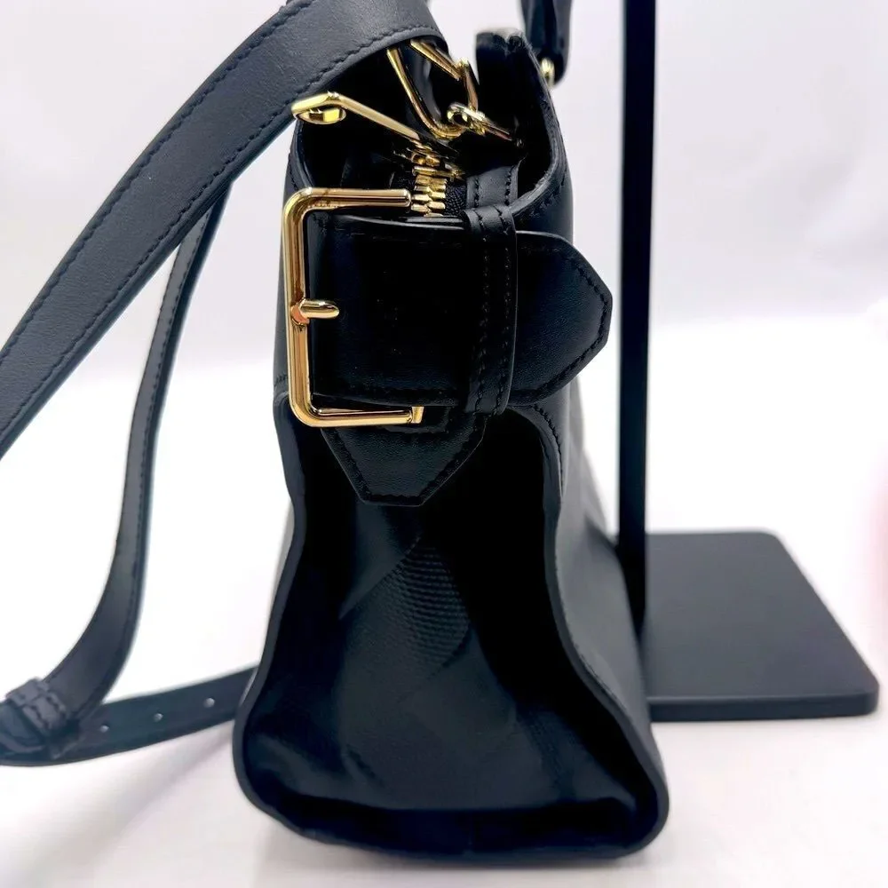 Auth Burberry Black Matte Leather Clifton Convertible 2way Handbag Purse